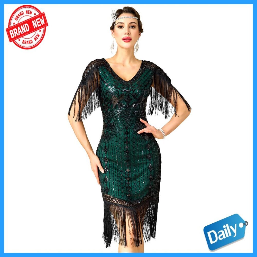 1920s Flapper Dress V-Neck Beaded Fringe Gatsby Costume Prom Party